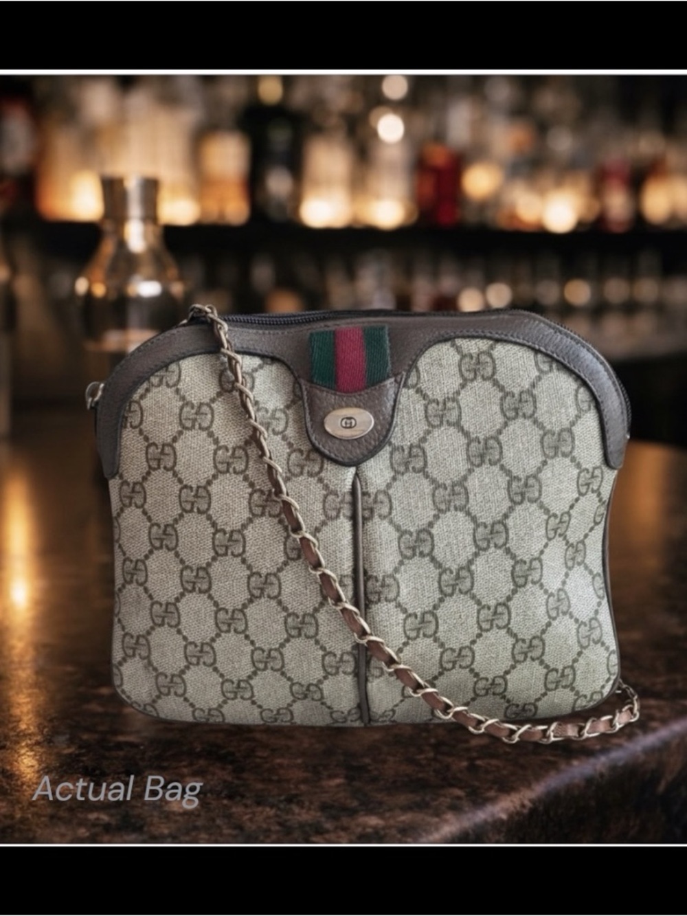 Gucci Beige GG Supreme Crossbody Green-Red Web Stripe 2 straps-chain & original